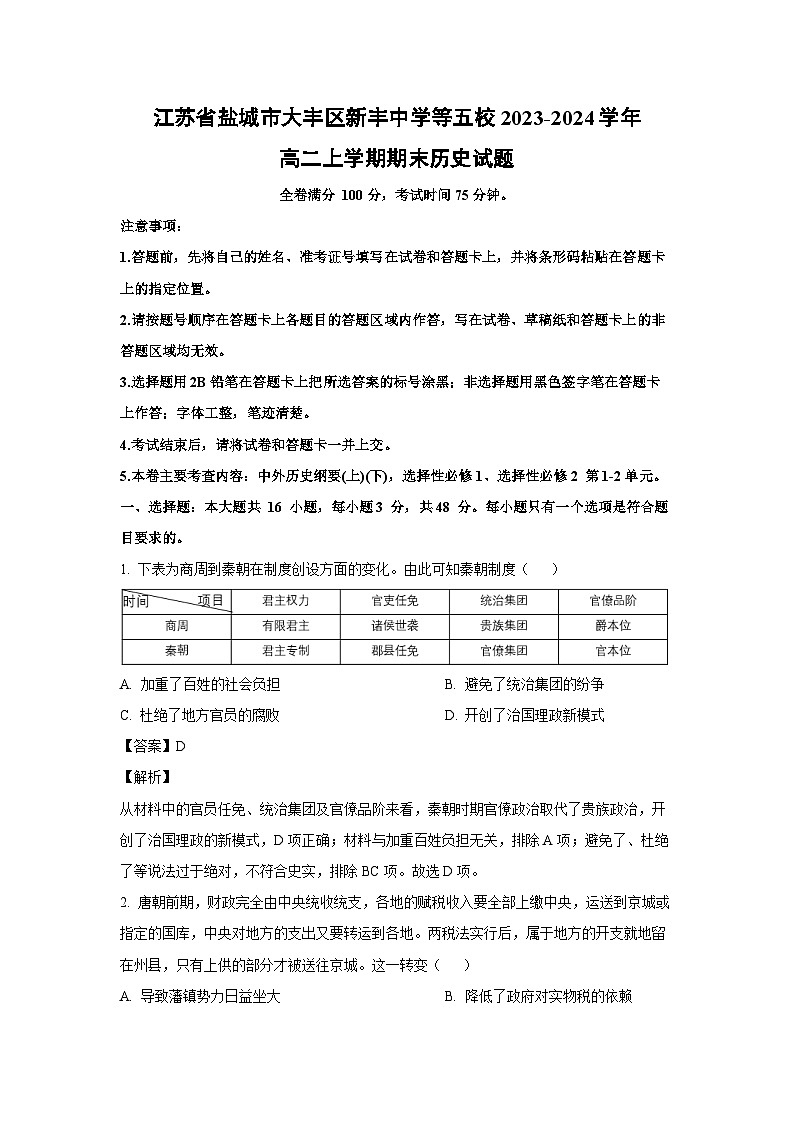 江苏省盐城市大丰区新丰中学等五校2023-2024学年高二上学期期末历史试卷（解析版）第1页