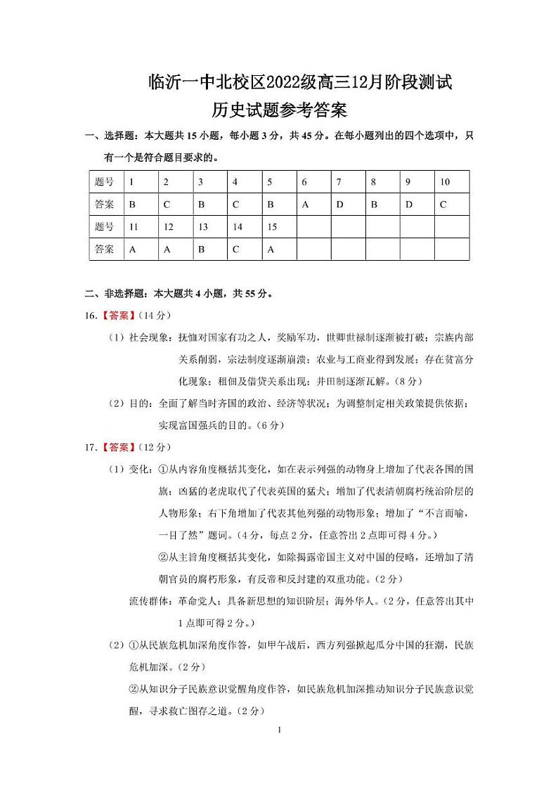 山东省临沂第一中学北校区2024-2025学年高三上学期12月阶段性测试历史 历史答案第1页