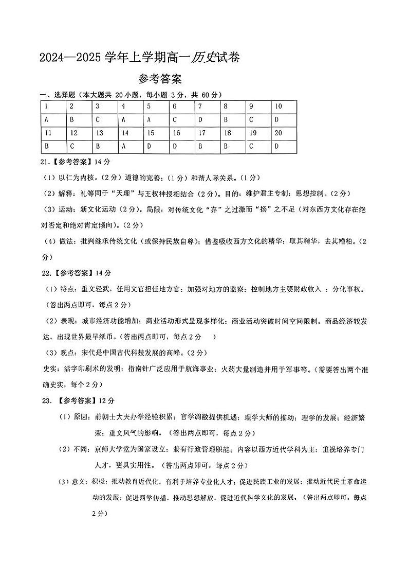 辽宁省辽南协作体2024-2025学年高一上学期第三次月考历史试卷参考答案第1页