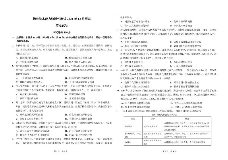 2025中学生标准学术能力诊断性测试高三上学期12月月考试题历史PDF版含答案第1页