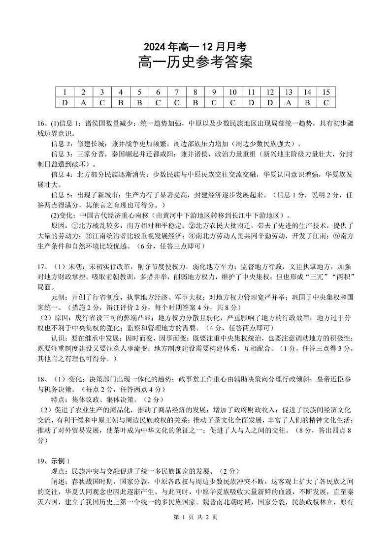 湖北省新高考联考协作体2024-2025学年高一上学期12月月考历史试卷答案第1页