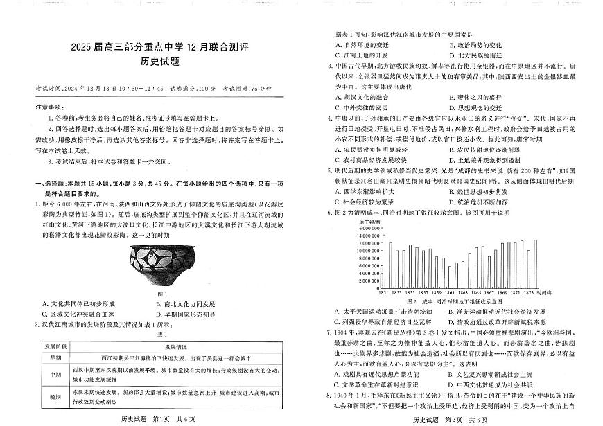 2024年高三12月第一次联合测评 历史试题（含答案）第1页