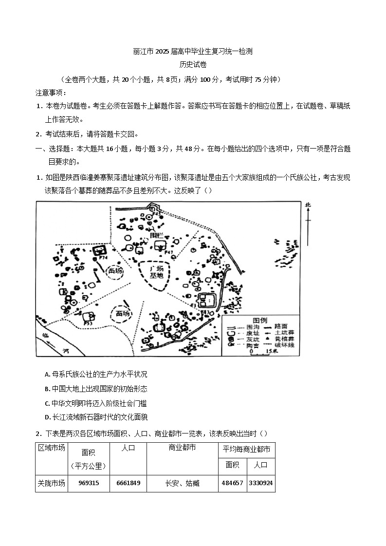 2024-2025学年度云南省丽江市高三上学期复习统一检测（12月）历史试题(含解析)第1页