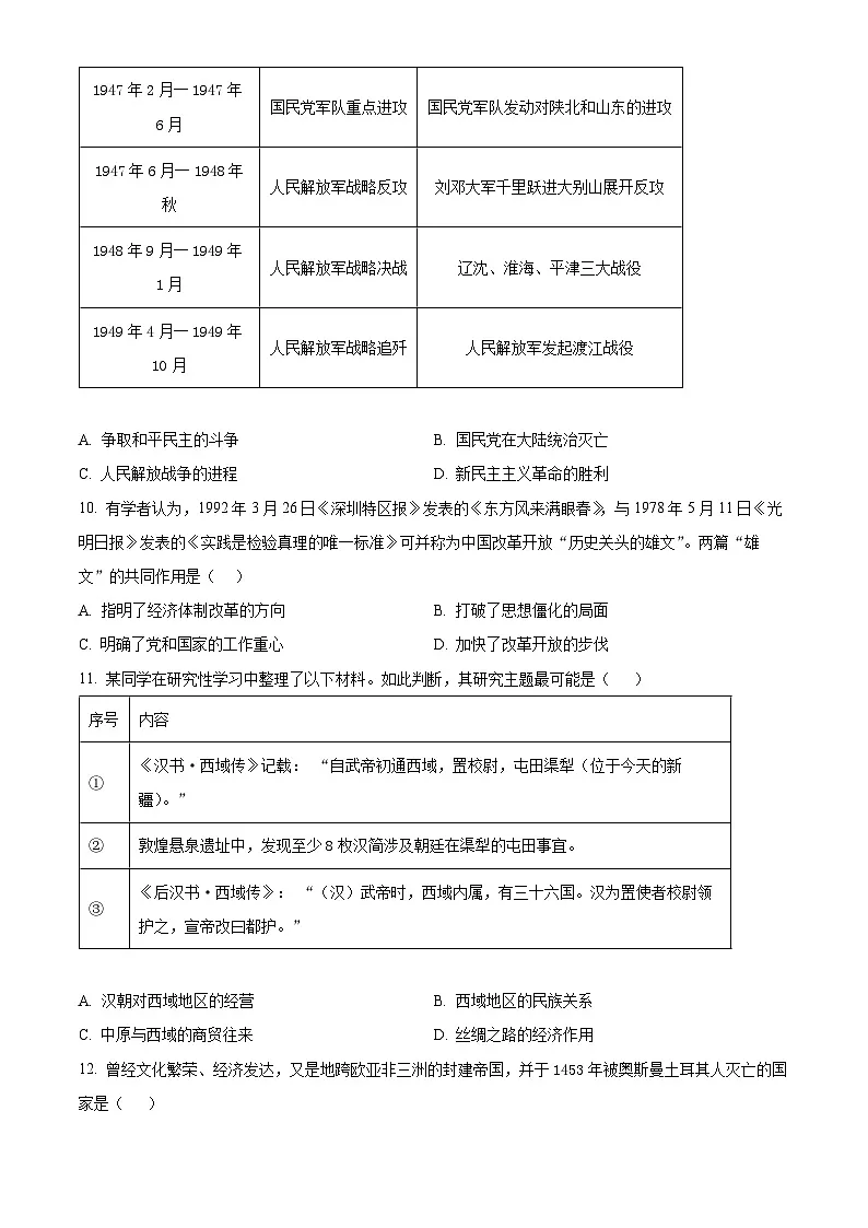 重庆市第一中学2024届高三下学期仿真模拟历史试题 Word版无答案第3页