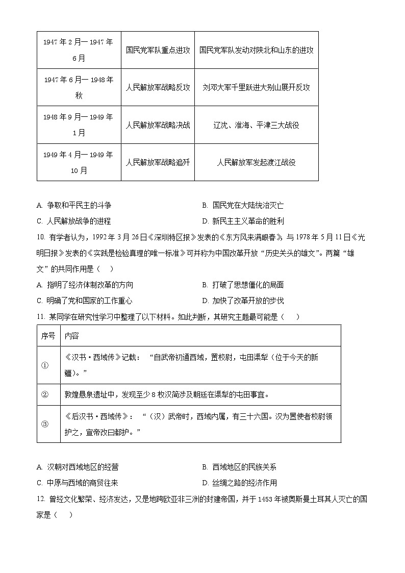 重庆市第一中学2024届高三下学期仿真模拟历史试题 Word版无答案第3页
