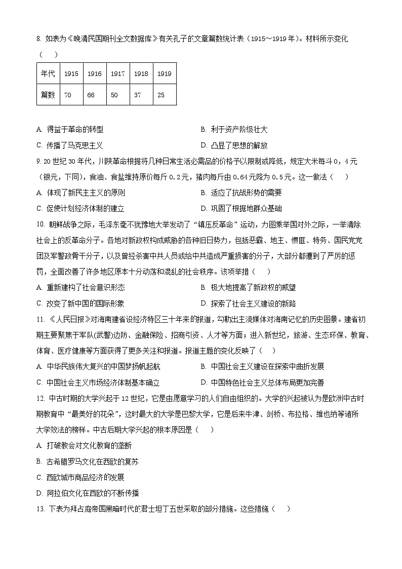 四川省内江市第六中学2024-2025学年高三上学期第三次月考历史试题 Word版无答案第3页