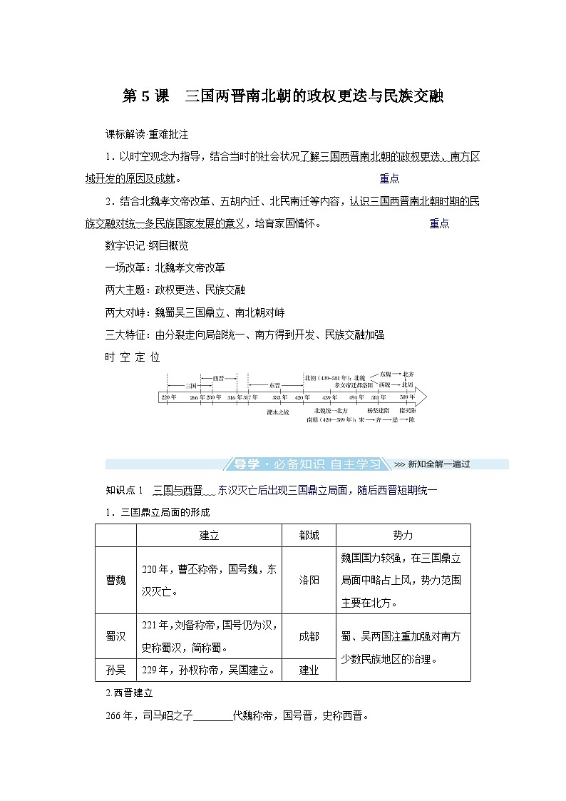 2024-2025学年中外历史纲要上 第5课　三国两晋南北朝的政权更迭与民族交融 导学案第1页