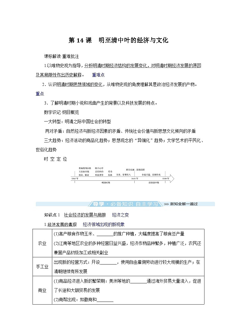 2024-2025学年中外历史纲要上 第14课　明至清中叶的经济与文化 导学案第1页