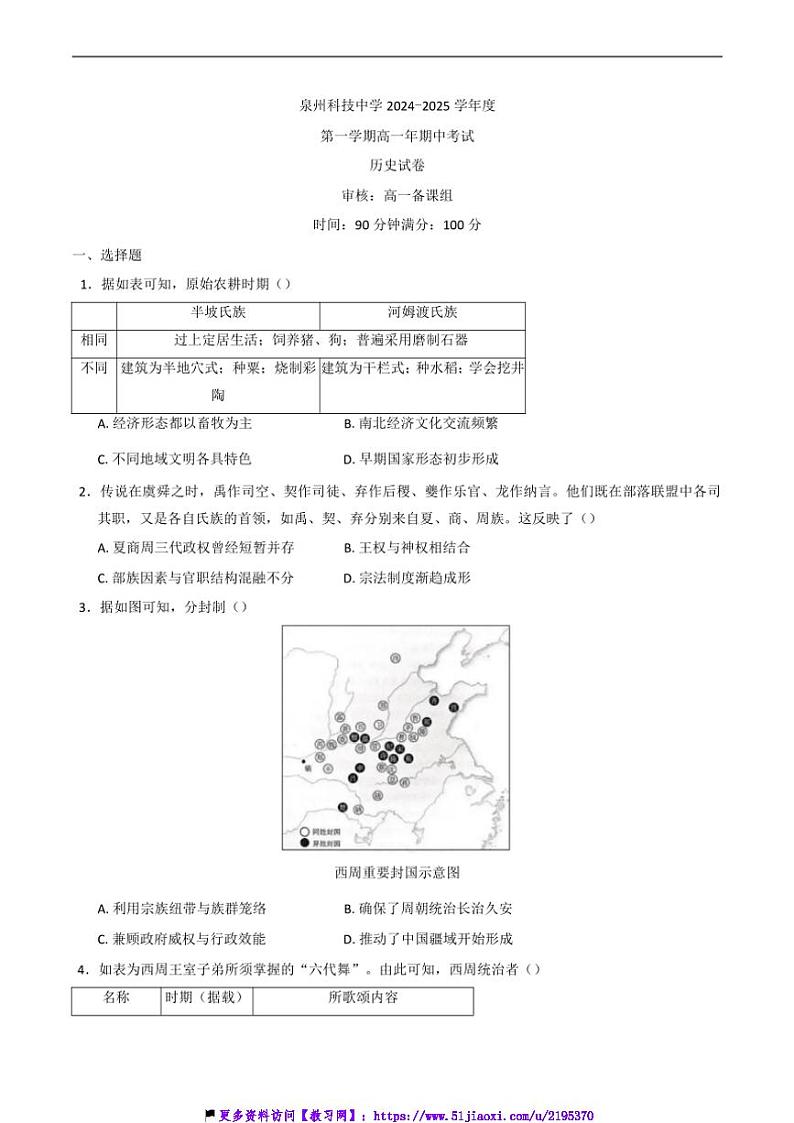 2024～2025学年福建省泉州科技中学高一(上)期中历史试卷(含答案)第1页