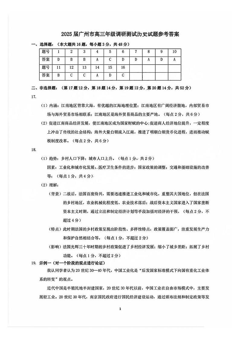 广州零模2025届高三12月调研考历史答案第1页