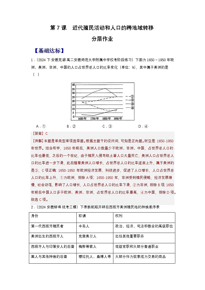 人教统编版高中历史选择性必修7《 近代殖民活动和人口的跨地域转移》（分层作业）（解析版）第1页