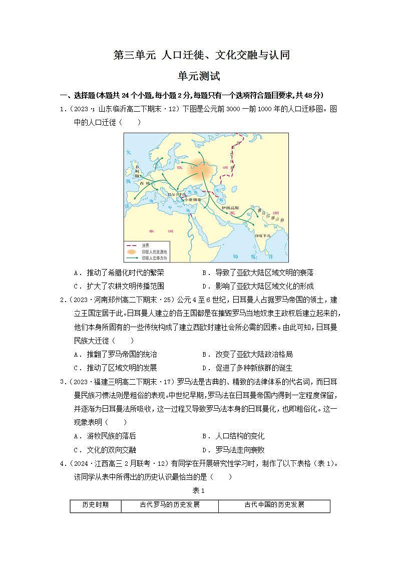 人教统编版高中历史选择性必修第三单元 《人口迁徙、文化交融与认同》 单元测试（原卷版）第1页