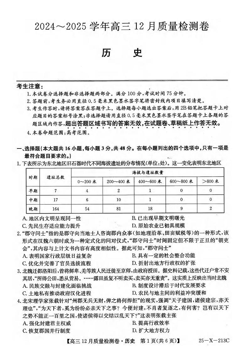 历史丨山西省三晋卓越联盟(25-X-213C) 2025届高三12月联考历史试卷及答案第1页