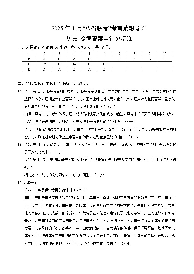 八省2025届高三“八省联考”考前猜想卷历史01答案第1页