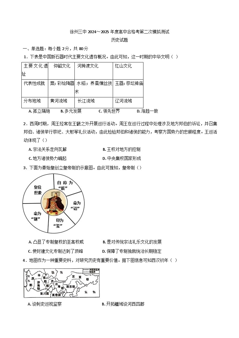 2025年江苏省徐州市第三中学高中学业水平合格性考试第二次模拟历史试题第1页