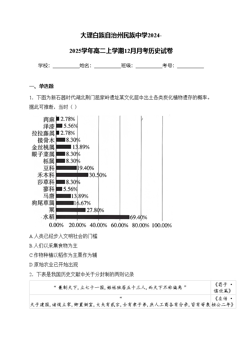 大理白族自治州民族中学2024-2025学年高二上学期12月月考历史试卷(含答案)第1页