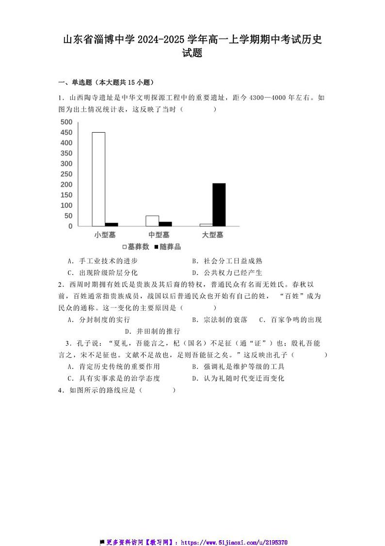 2024～2025学年山东省淄博中学高一上期中历史试卷(含答案解析)第1页