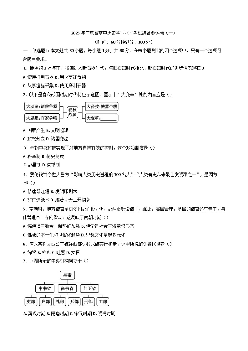 2025年广东省高中历史学业水平考试综合测评卷(一)历史试题(含解析)第1页