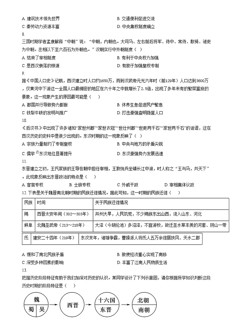 四川省自贡市荣县中学2024-2025学年高一上学期期中考试历史试题 Word版无答案第2页