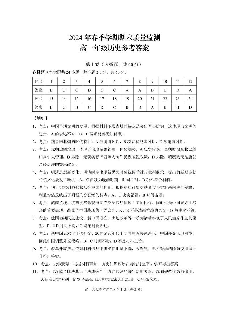 2024年春季学期期末质量监测高一年级历史-答案第1页