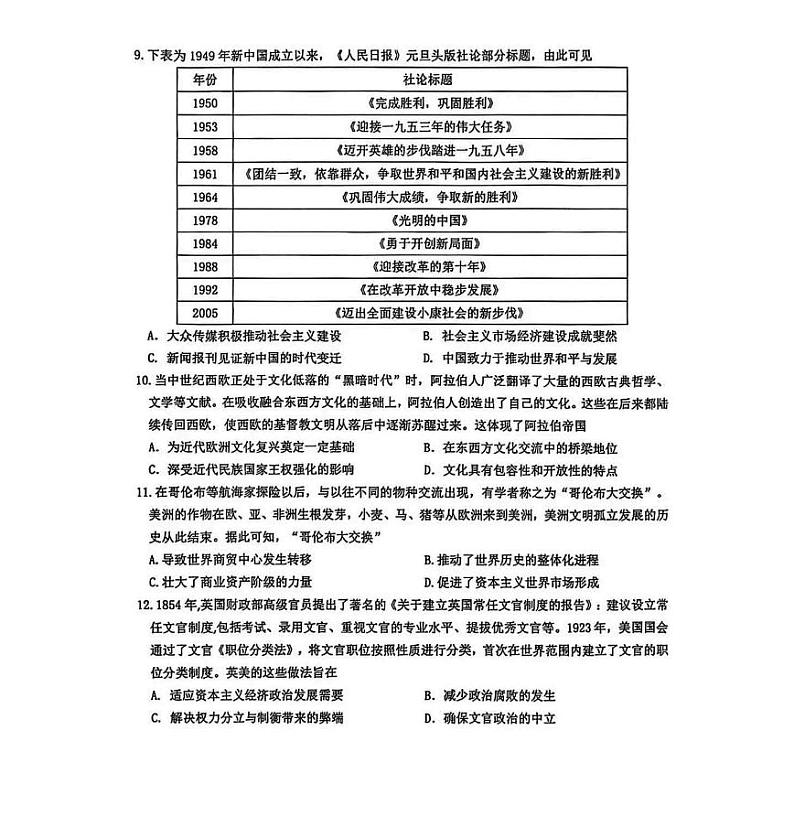 山东省名校2025届高三上学期12月校际联合检测-历史试题+答案第3页