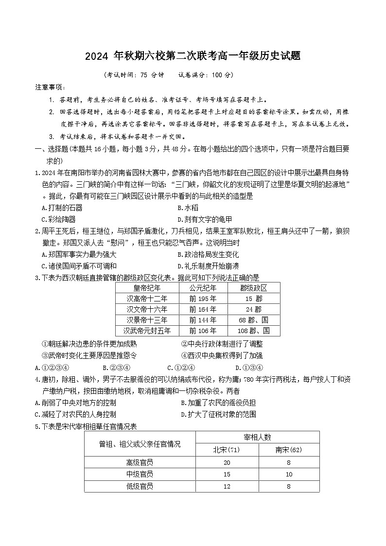 河南省南阳市六校2024-2025学年高一上学期12月联考历史试卷第1页