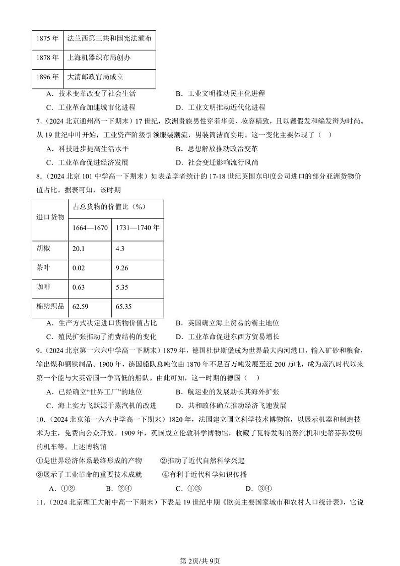 2024北京重点校高一（下）期末真题历史汇编：影响世界的工业革命第2页