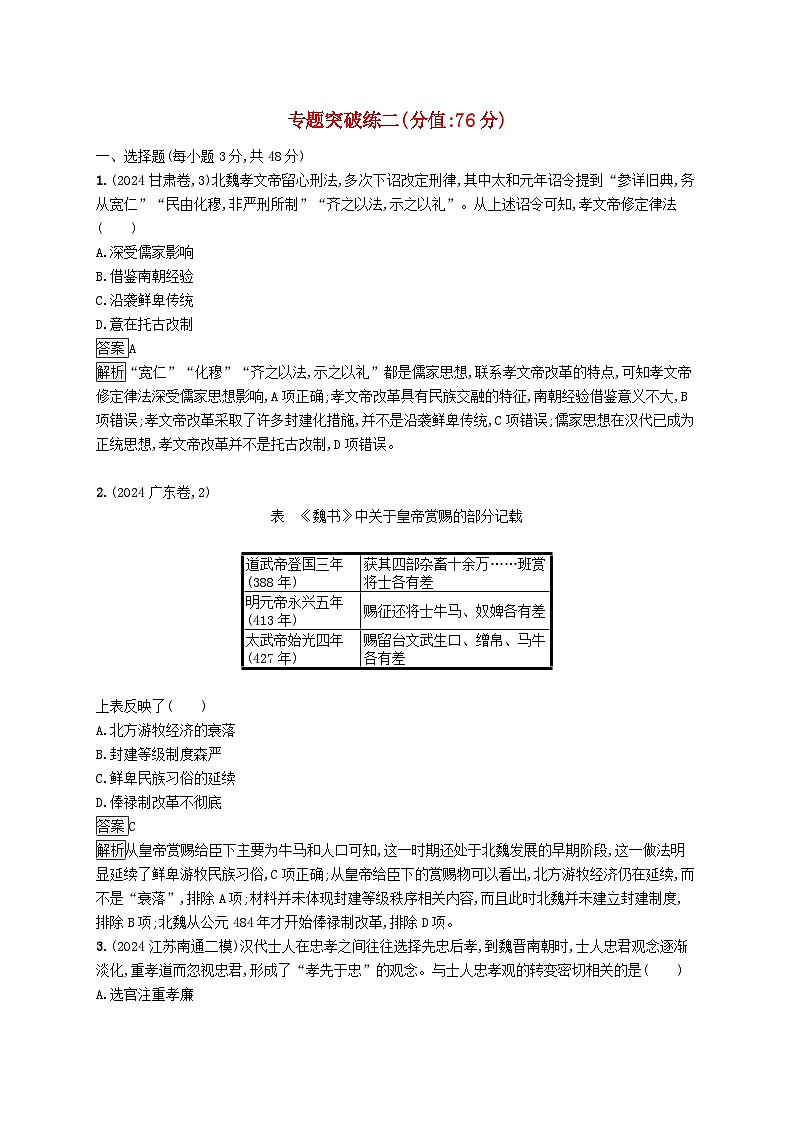 通史版2025届高考历史二轮总复习专题突破练2第1页