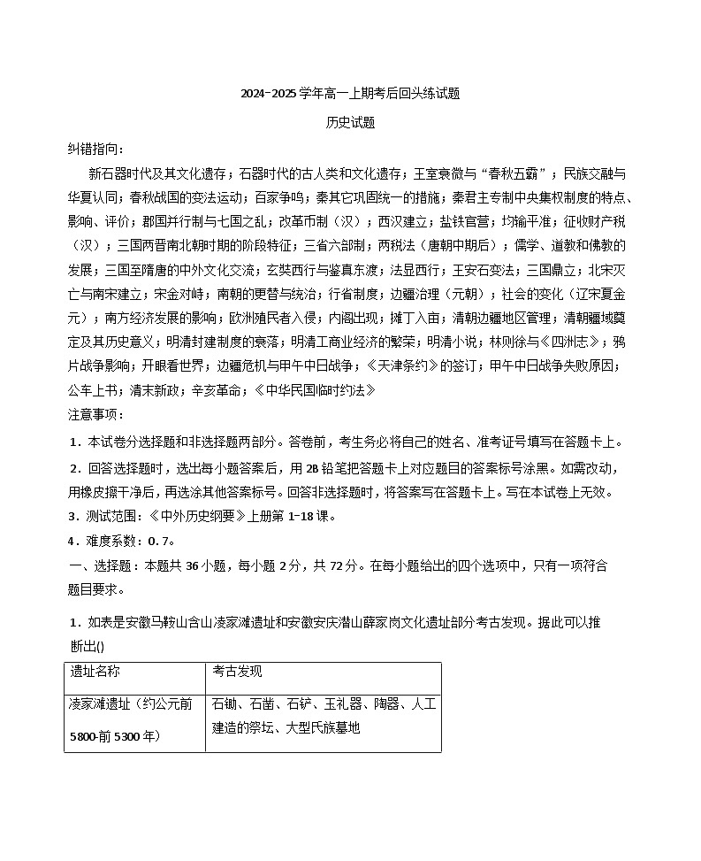 河南省项城市第一高级中学2024-2025学年高一上学期12月月考历史试题第1页
