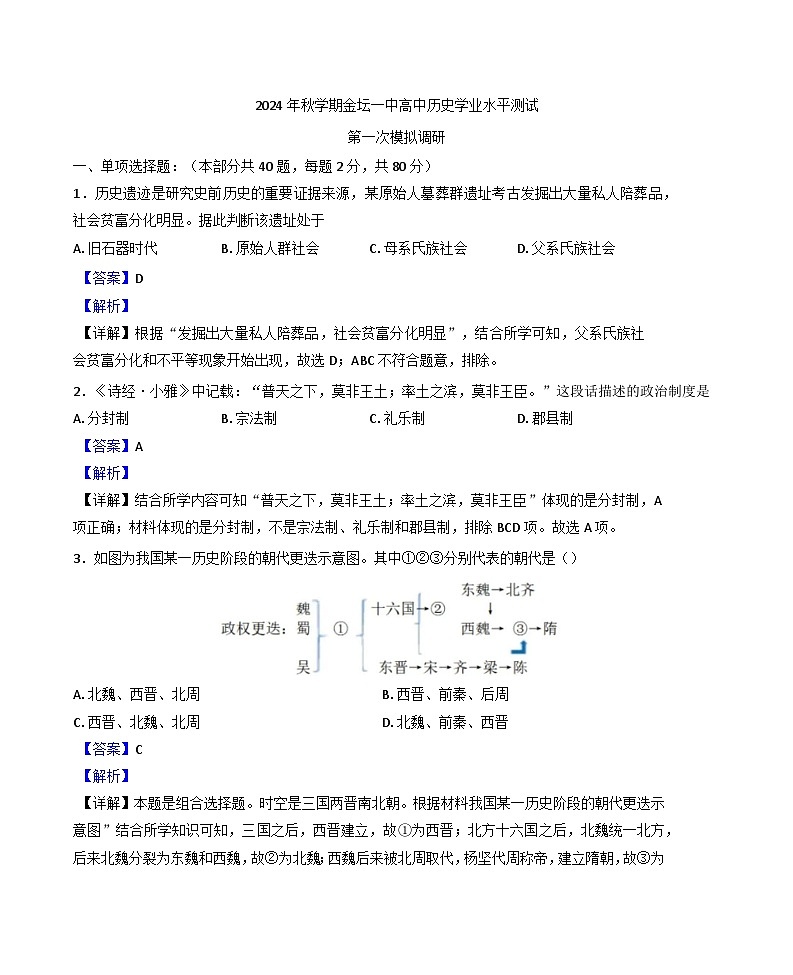 江苏省常州市金坛区第一中学2024-2025学年高中学业水平测试模拟预测历史试题(解析版)第1页