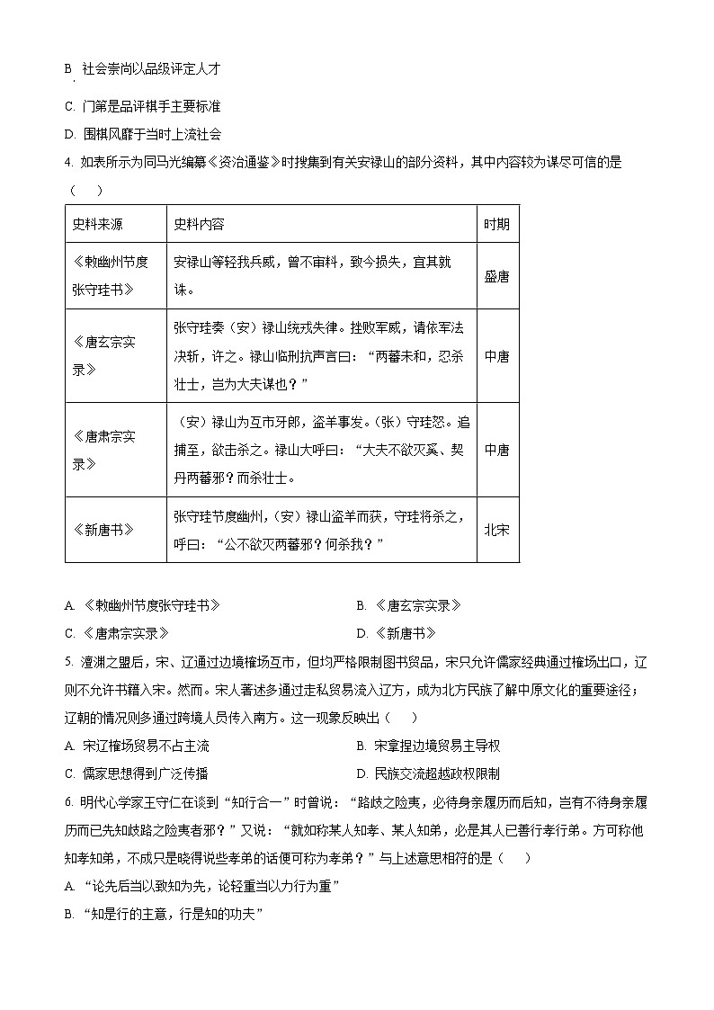 2025年1月八省联考高考综合改革适应性测试——高三历史试卷Word版无答案（云南）第2页