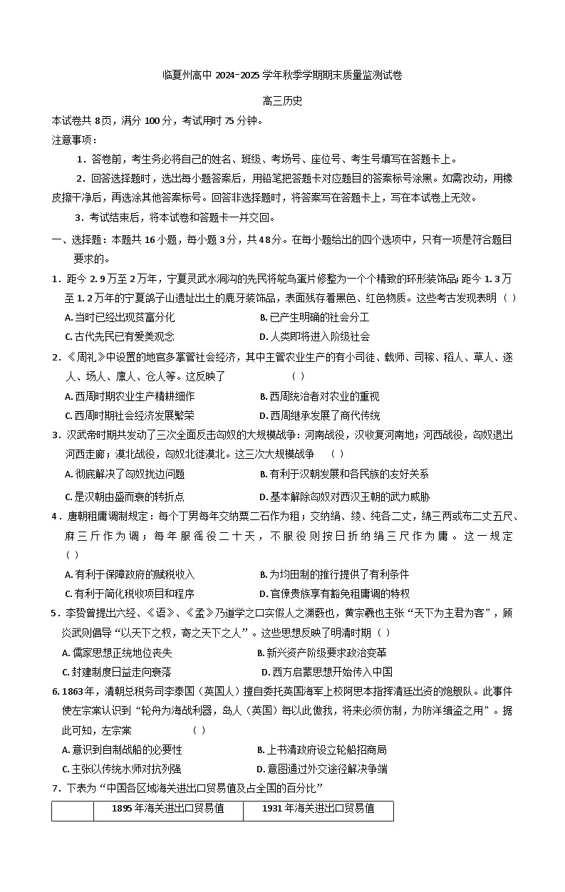 甘肃省临夏回族自治州2024-2025学年高三上学期期末质量检测历史试卷第1页