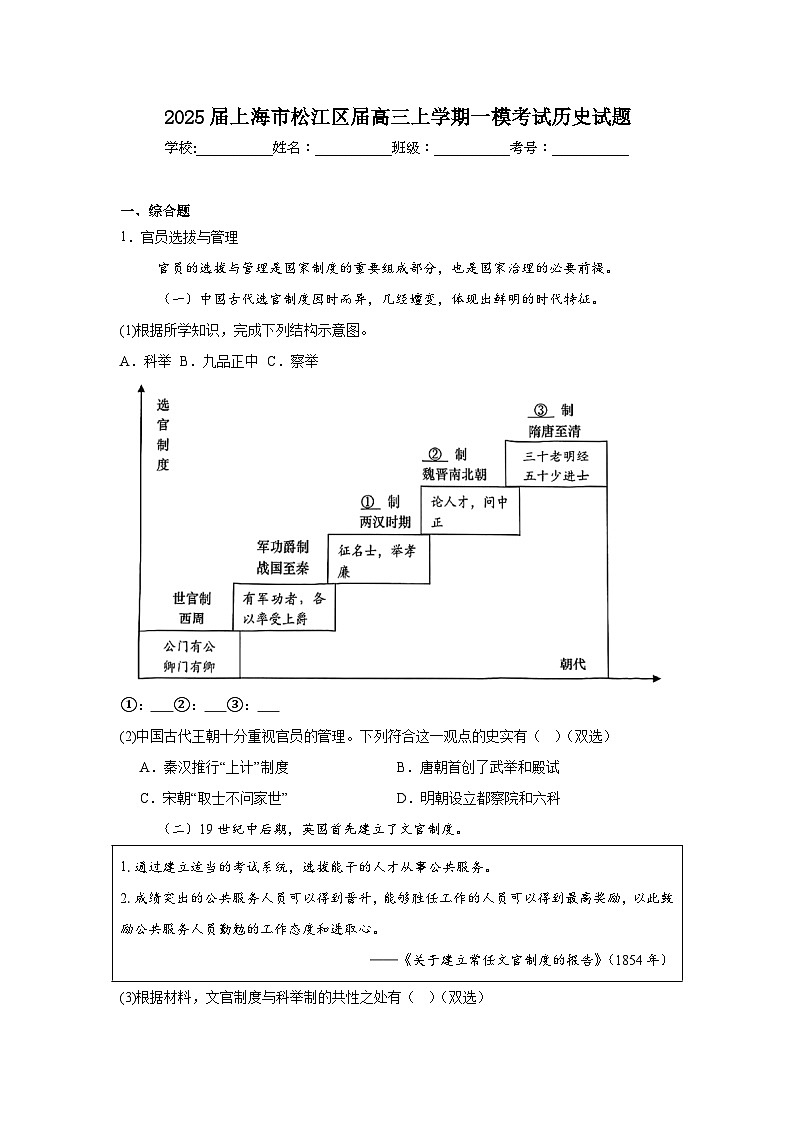 2025届上海市松江区届高三上学期一模考试历史试题第1页