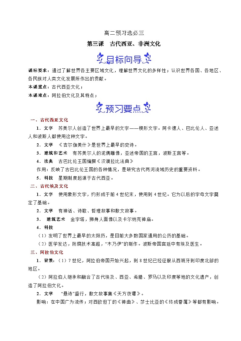 预习第3课 古代西亚、非洲文化（解析版）第1页