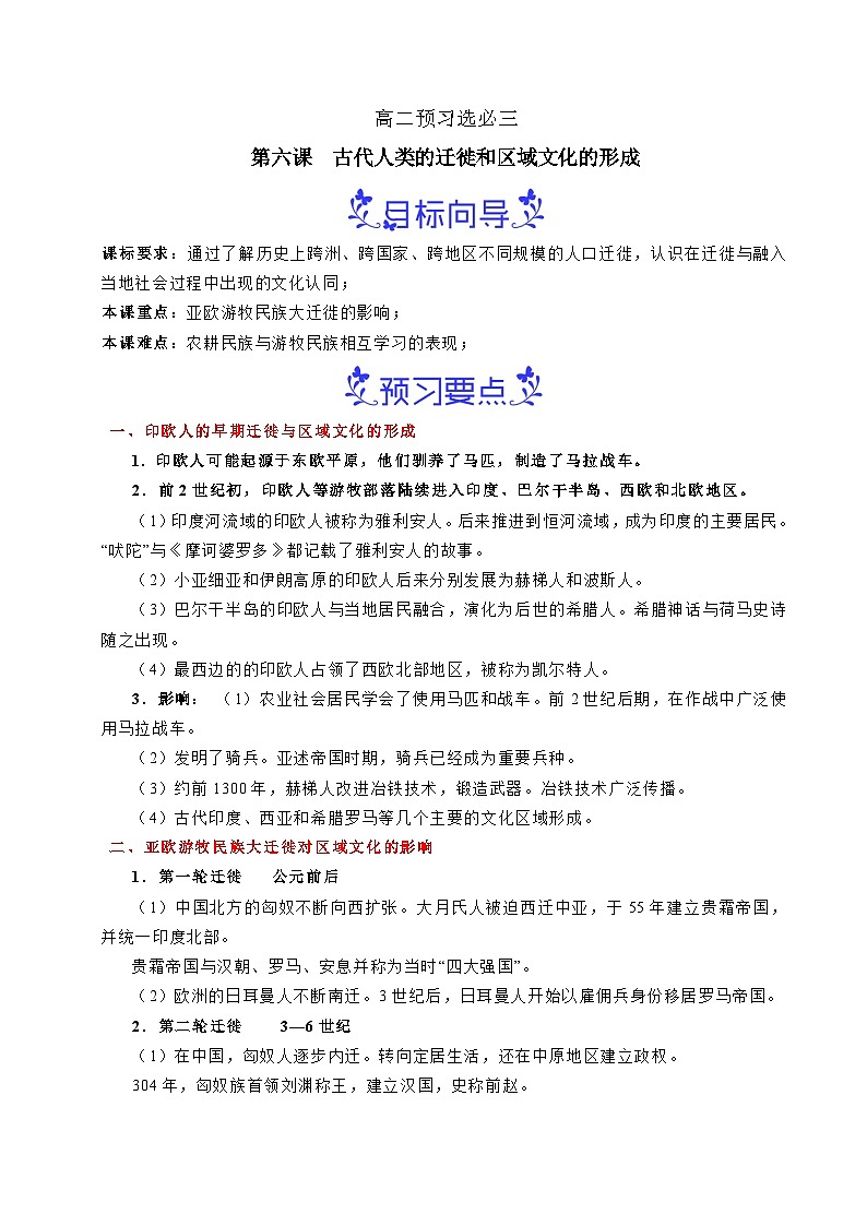 预习第6课 古代人类的迁徙和区域文化的形成（原卷版）第1页