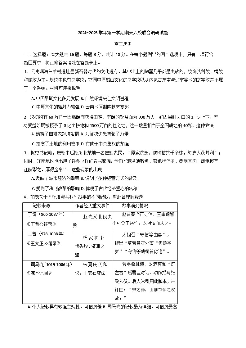 江苏省南京市六校2024-2025学年高二上学期期末联合调研历史试题第1页