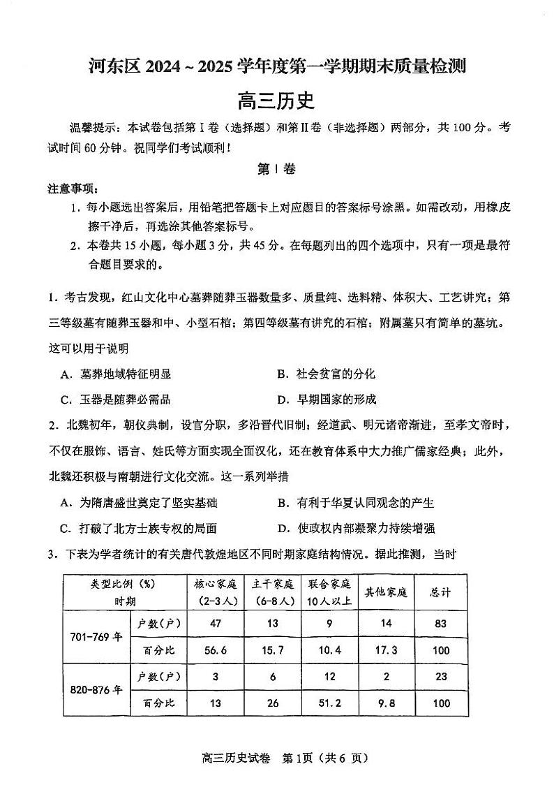 天津市河东区2024-2025学年高三上学期期末质量检测历史试题+答案第1页