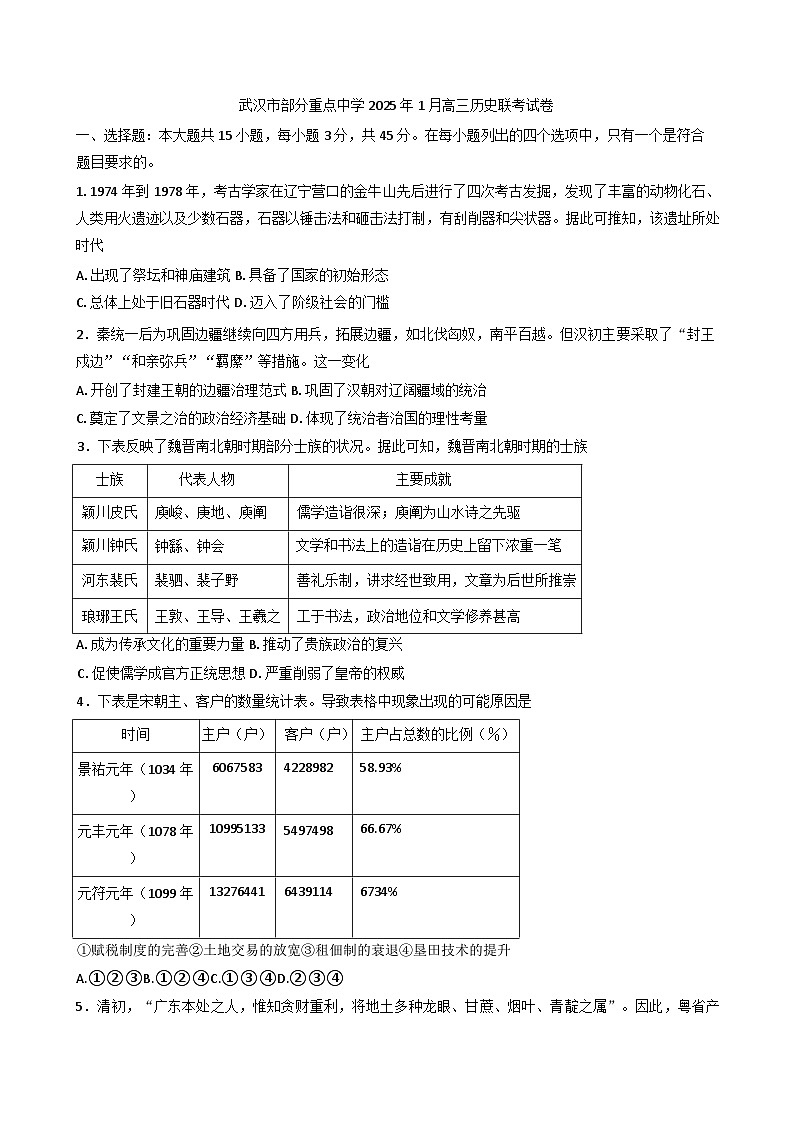 湖北省武汉市部分重点中学2024-2025学年高三上学期1月联考历史试卷第1页