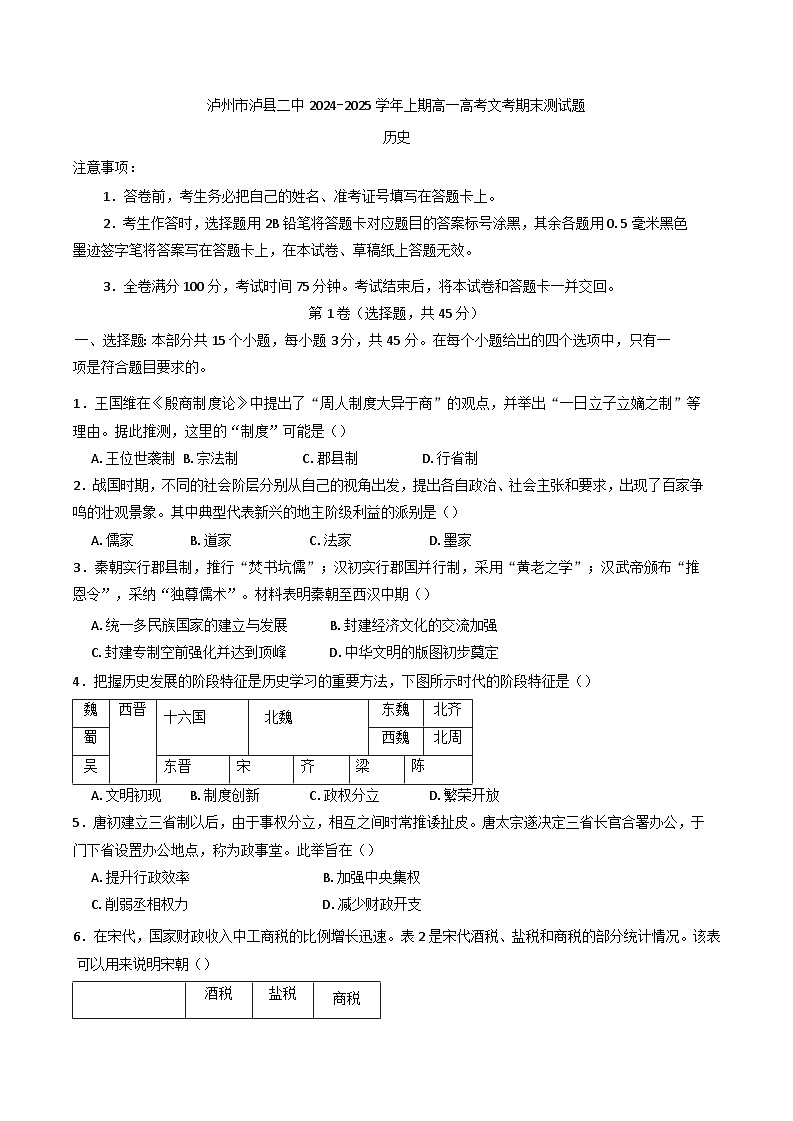 四川省泸县第二中学2024-2025学年高一上学期期末考试历史试题第1页
