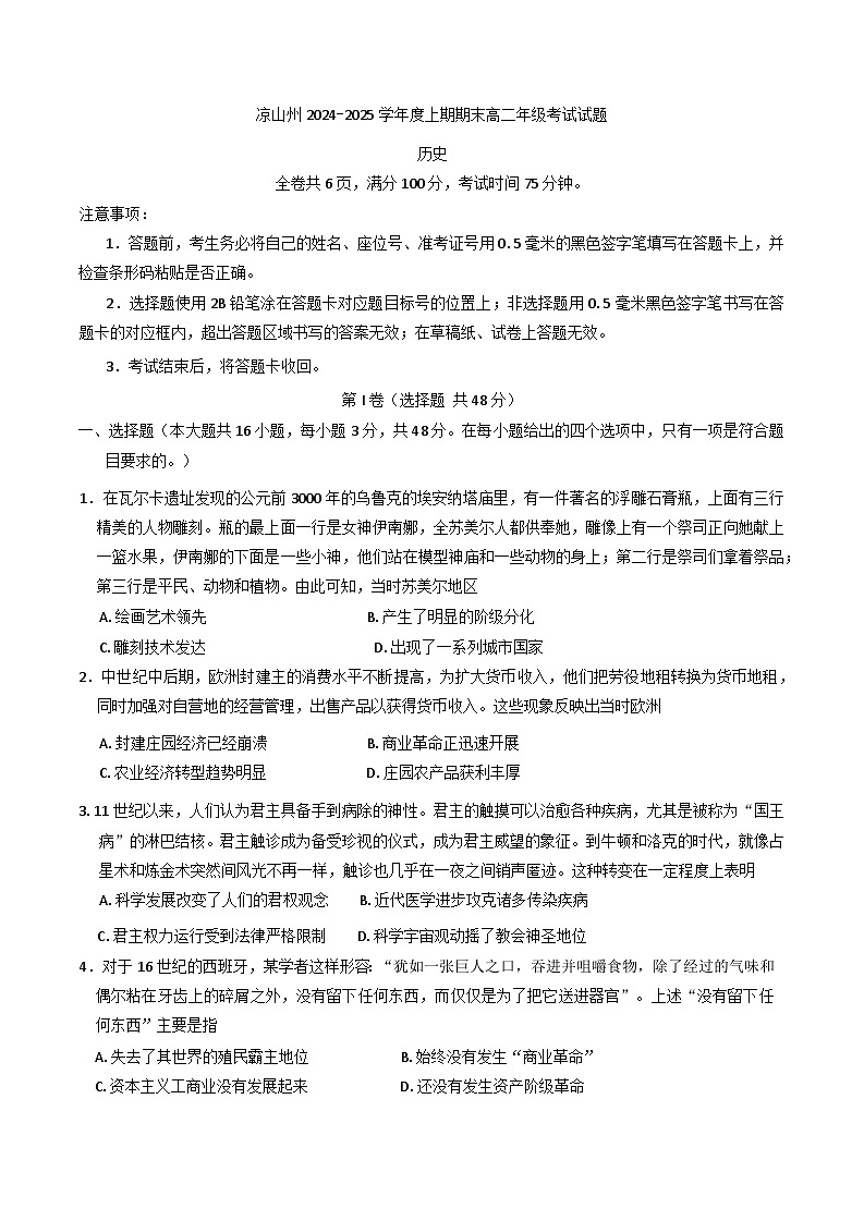 四川省凉山彝族自治州2024-2025学年高二上学期期末考试历史试题第1页
