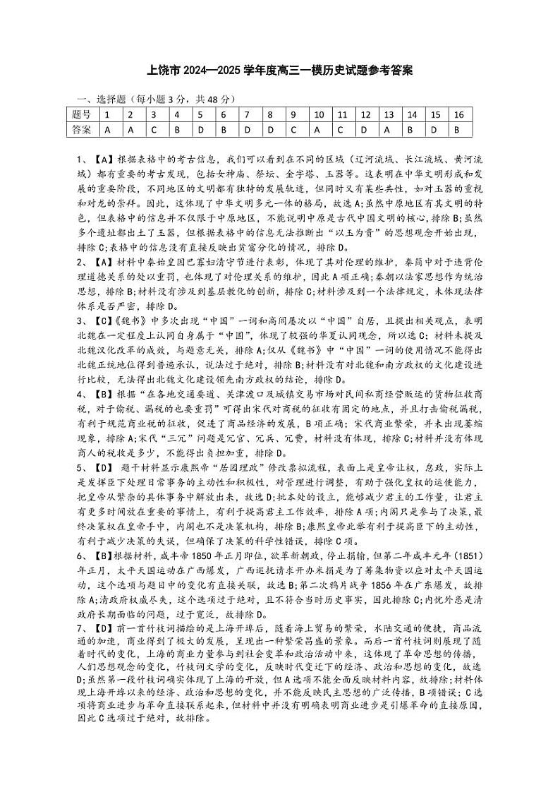 2025届高三一模历史参考答案第1页