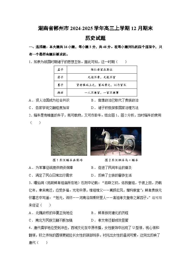 2024~2025学年湖南省郴州市高三上学期12月期末历史试卷第1页