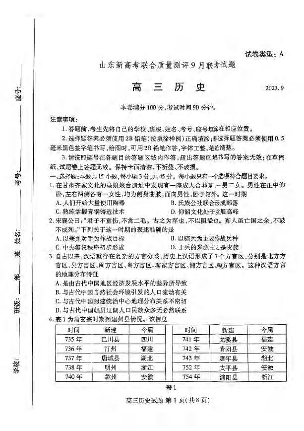 _历史｜山东省新高考联合质量测评2024届高三上学期开学联考历史试卷及答案第1页
