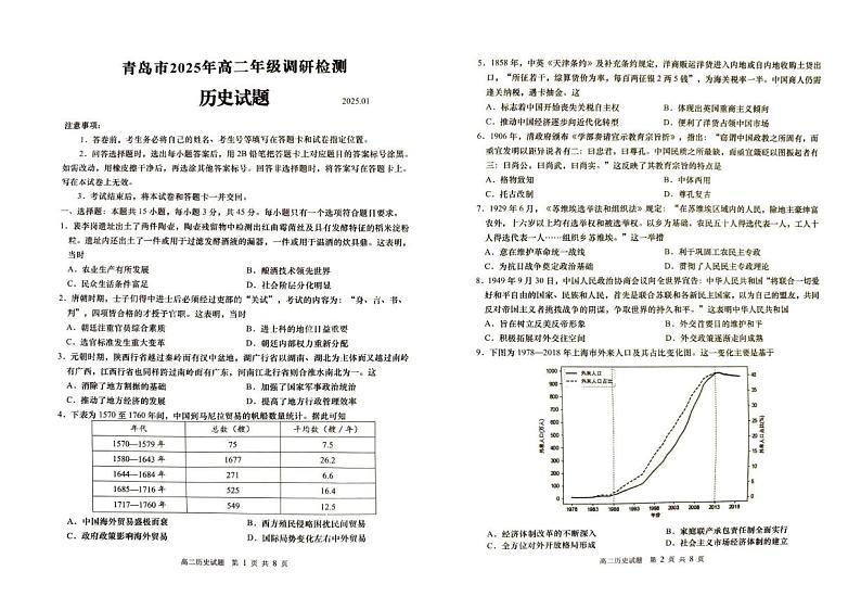 山东省青岛市2024-2025学年高一上学期期末考试历史试题第1页