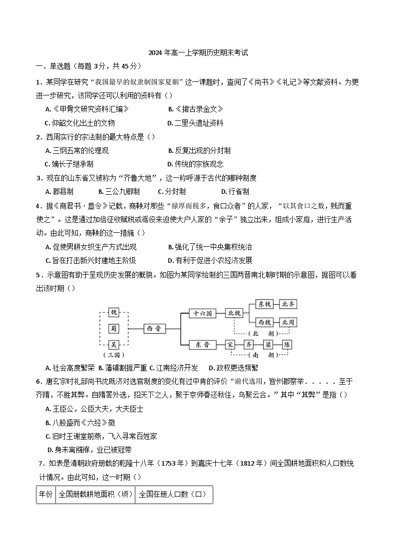 湖南省汨罗市第一中学2024-2025学年高一上学期期末考试历史试题第1页