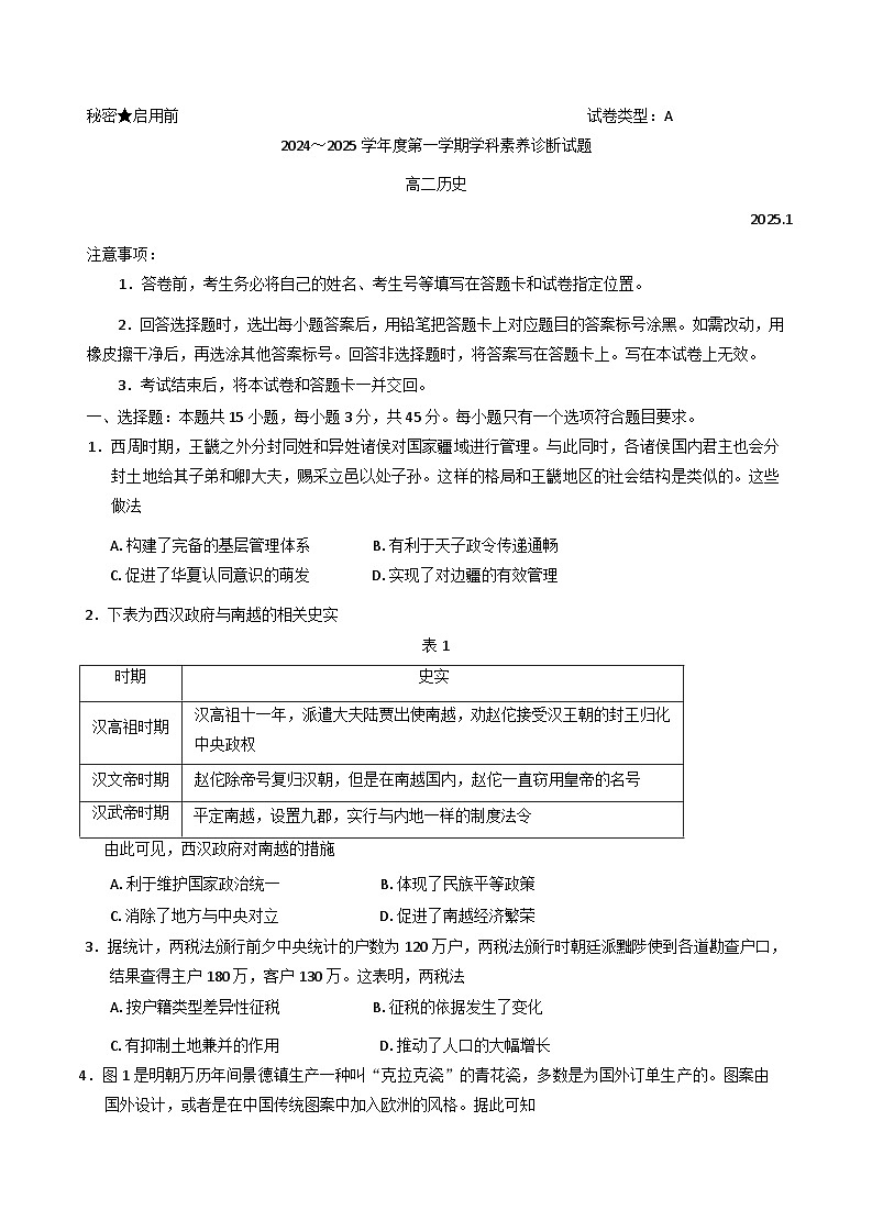 山东省枣庄市第八中学2024-2025学年高二上学期期末学科素养诊断历史试题第1页