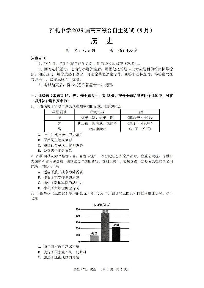 湖南省长沙市雅礼中学2024-2025学年高三上学期（9月）综合自主测试历史+答案第1页