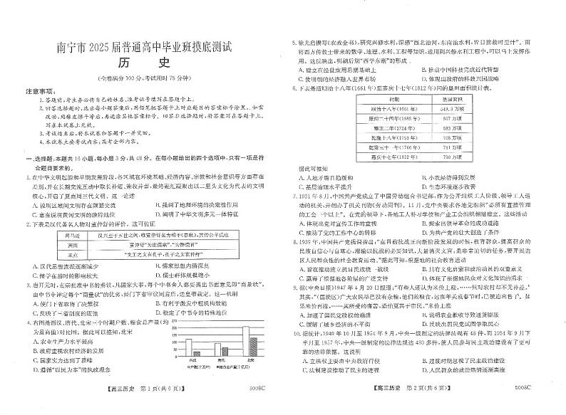 2025届广西南宁市普通高中毕业班摸底测试历史+答案第1页