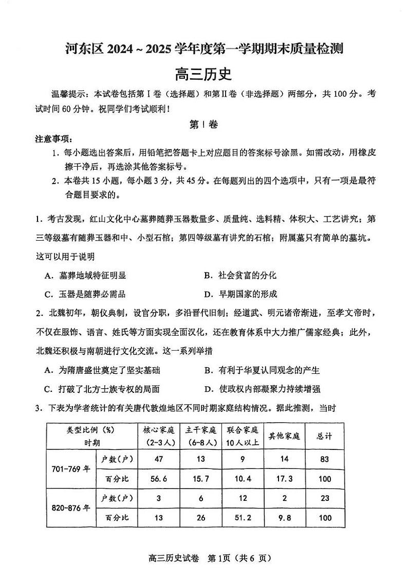 历史丨天津市河东区2025届高三1月期末质量检测历史试卷及答案第1页