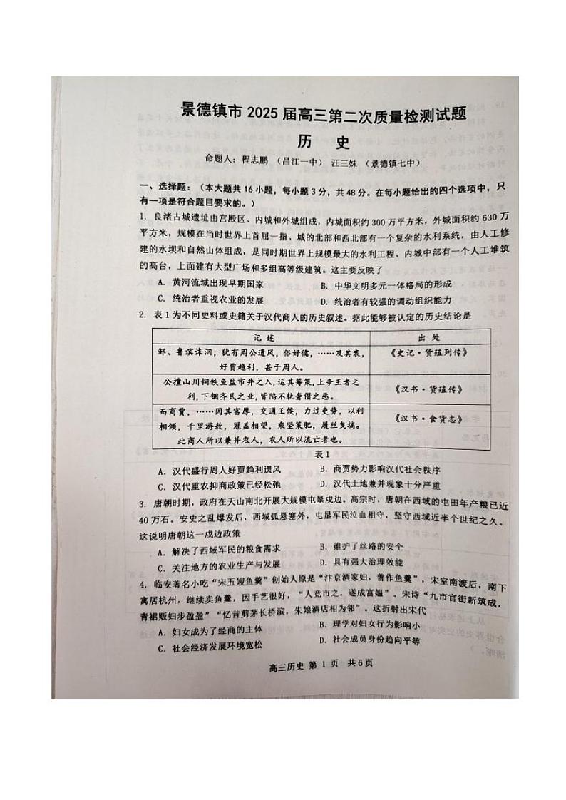 2025景德镇高三上学期第二次质量检测试题历史PDF版含答案第1页
